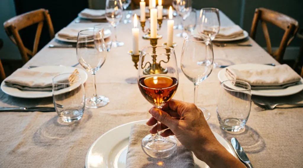 A candlelit dinner table from the host's point of view with a glass held in the foreground