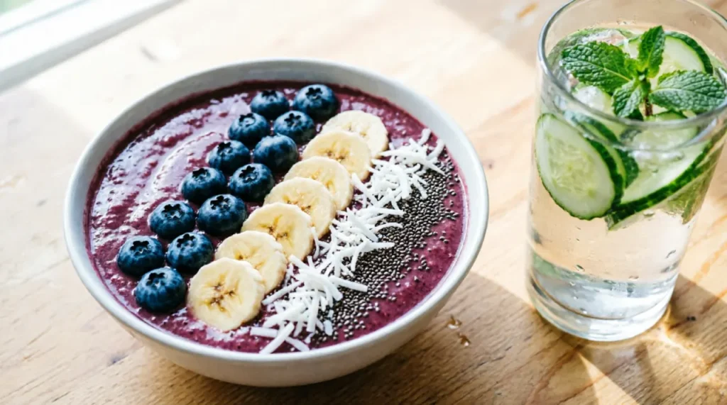 Green smoothie bowl with berries, banana, chia seeds and a glass of infused water for glowing skin