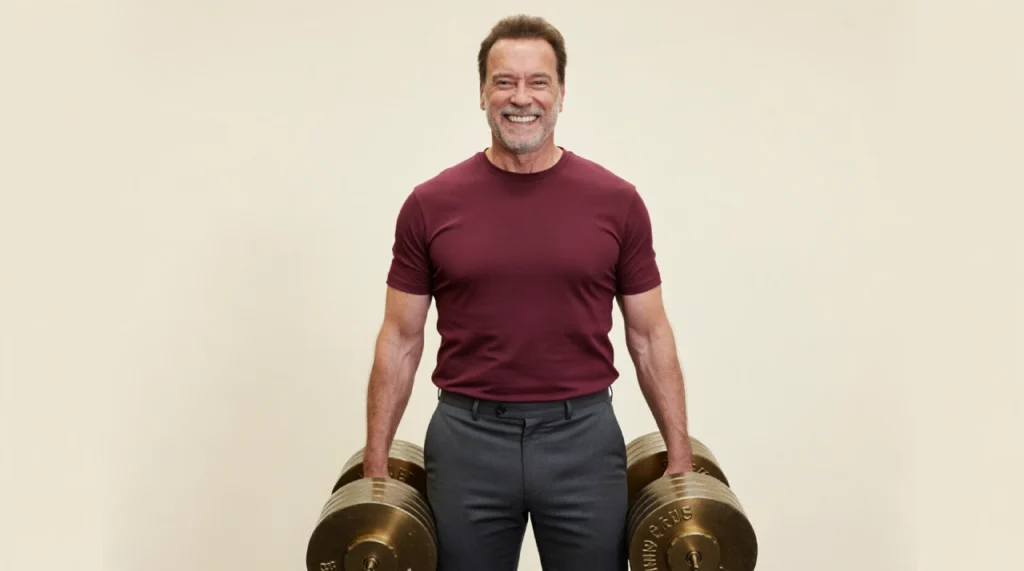 Arnold Schwarzenegger grinning, strong look, in a suit or leather jacket.