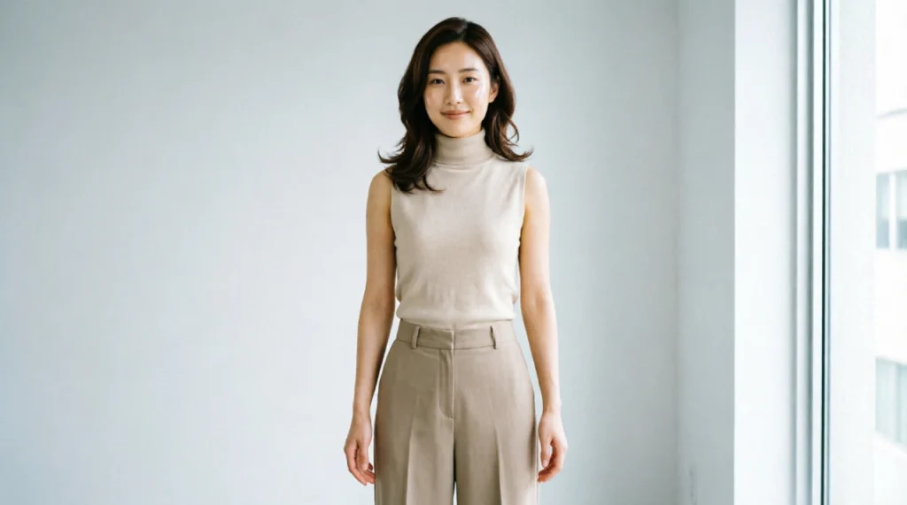 Woman standing with confident natural posture in a simple well-fitted outfit in soft natural light