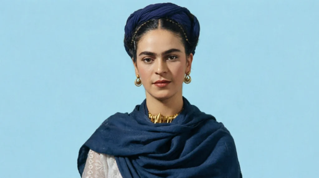 Frida Kahlo with braids, flowers in hair, traditional dress, vivid background.