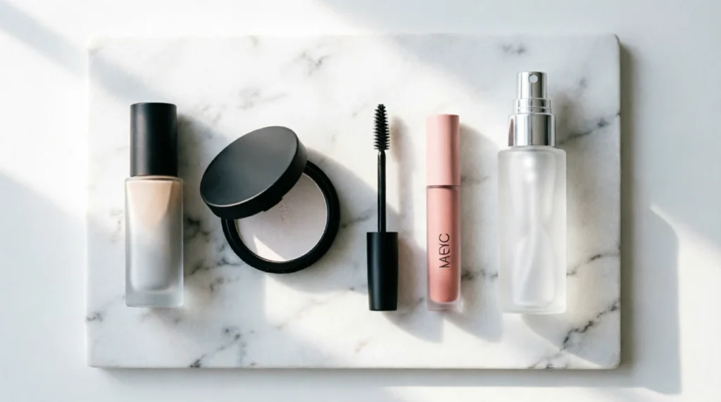 A flat lay of minimal long-wear makeup products arranged on a vanity tray for event hosting