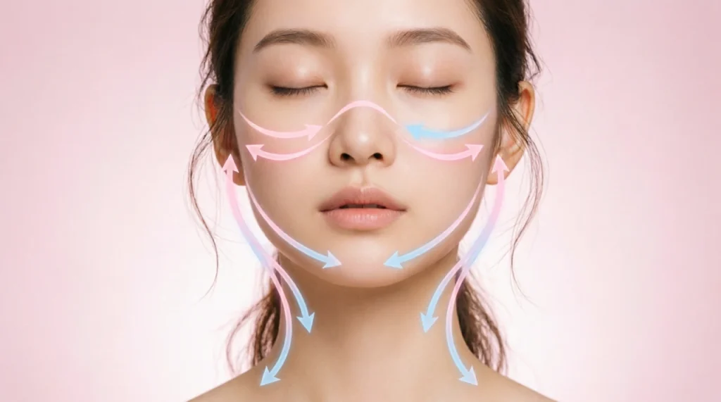 Facial lymphatic drainage massage technique illustration showing directional strokes from nose to ears and down the neck