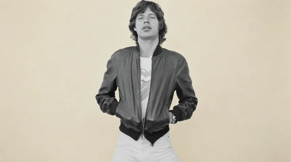 Mick Jagger singing on stage, sequined jacket, energetic.