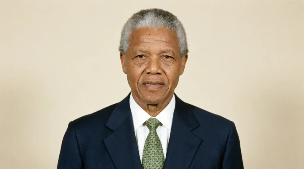 Nelson Mandela smiling in a colorful shirt, warm light.