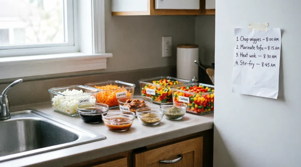 A kitchen counter with neatly organized prepped ingredients in clear containers before a dinner party