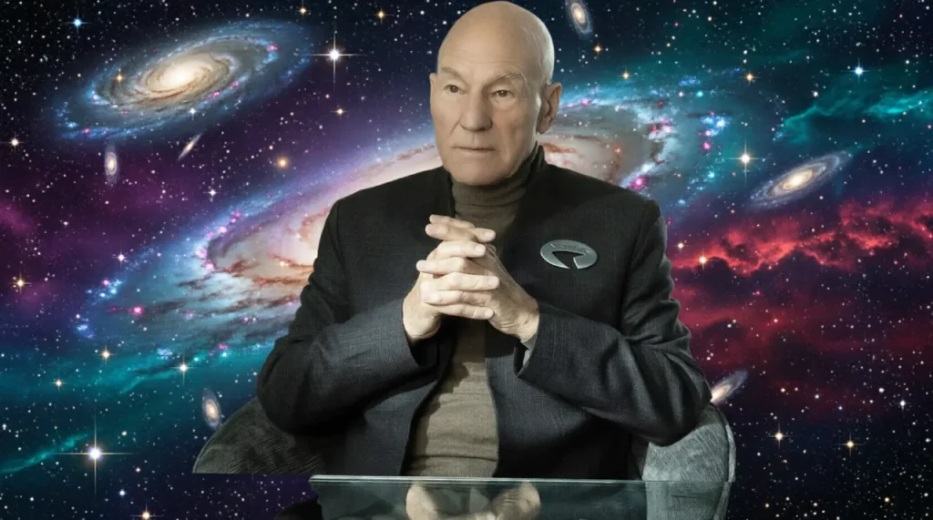 Patrick Stewart bald, wise expression, in a dark blazer.