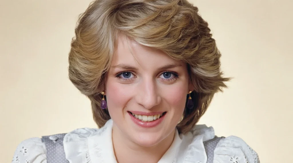 Princess Diana smiling in a pastel dress, standing in a garden.