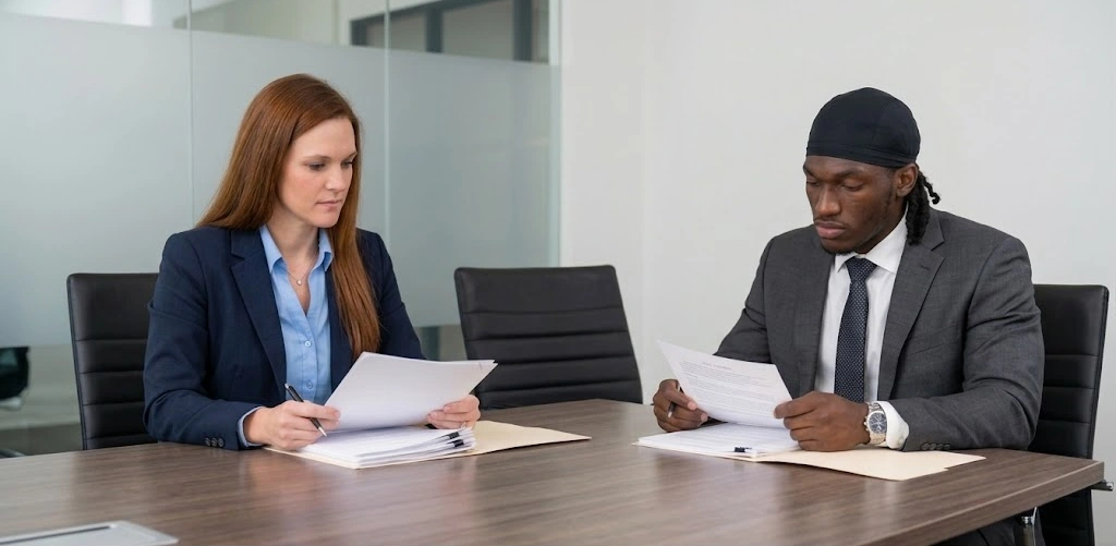A man and a woman in professional suits sitting at a conference table, seriously reviewing and signing divorce settlement and mediation papers.