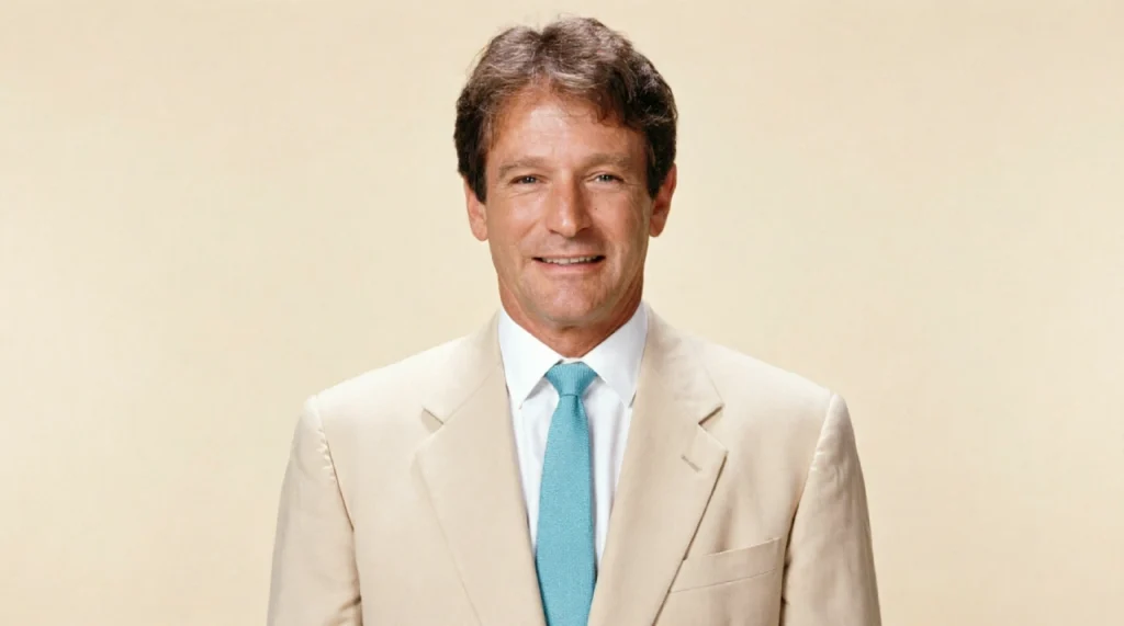 Robin Williams smiling big, warm expression, twinkling eyes.