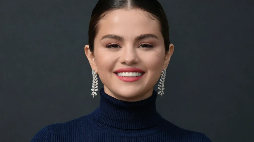 Selena Gomez with dark hair, soft smile, natural makeup.