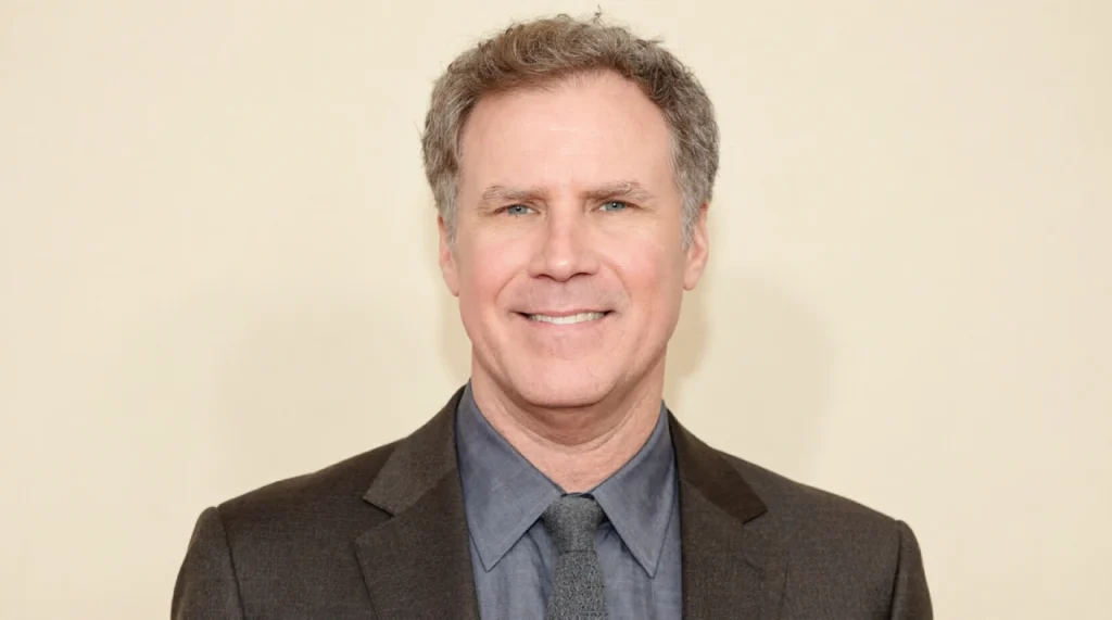Will Ferrell in a retro suit, deadpan funny expression.