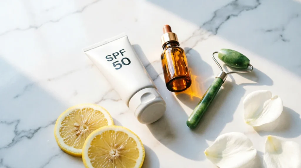 Flat lay of morning skincare essentials including SPF sunscreen and vitamin C serum for anti-aging protection