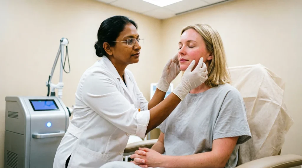 Female dermatologist consulting a patient about science-backed professional anti-aging skin treatments in a modern clinic