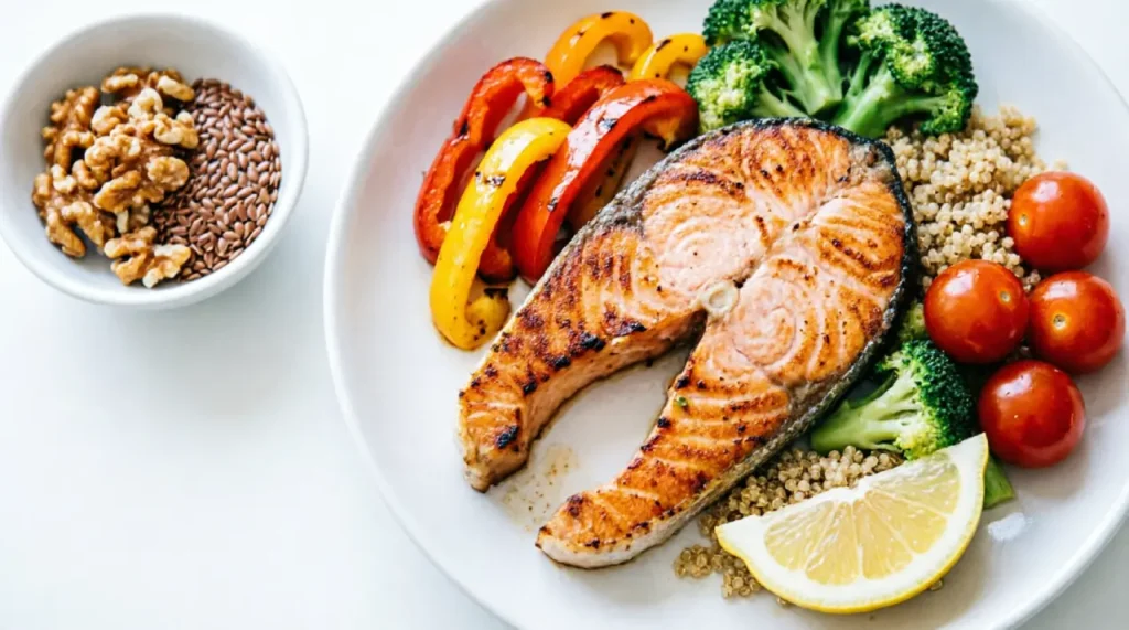 Anti-aging meal with grilled salmon, colorful vegetables, quinoa, walnuts and flaxseeds rich in omega-3 fatty acids