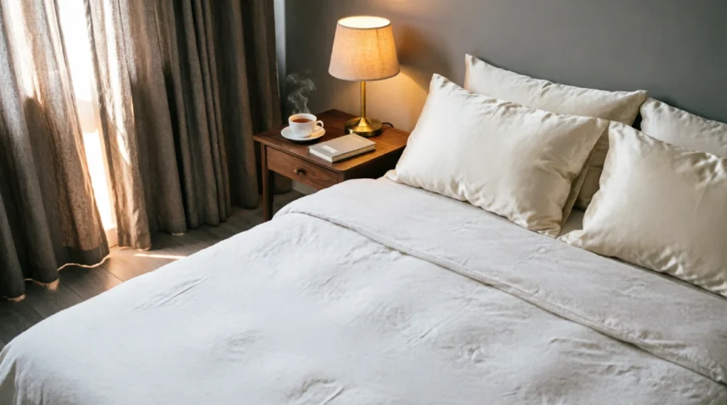 Serene bedroom setup with silk pillowcase, blackout curtains and chamomile tea promoting quality beauty sleep for skin repair