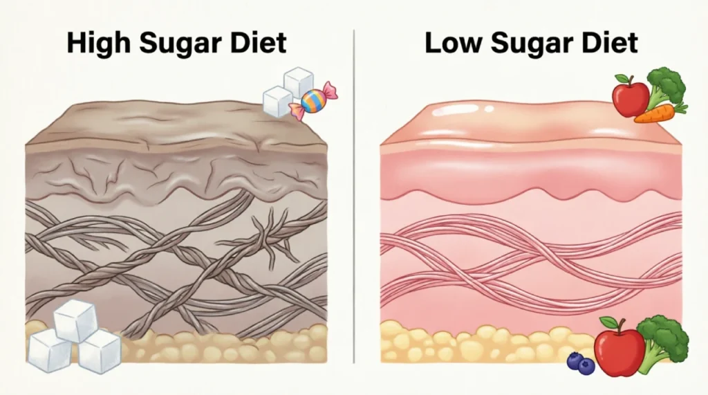 Infographic comparing skin collagen damage from high sugar diet versus healthy low sugar diet