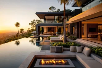 A multi-million dollar celebrity home renovation featuring a modern architectural design, infinity pool, and sunset view.