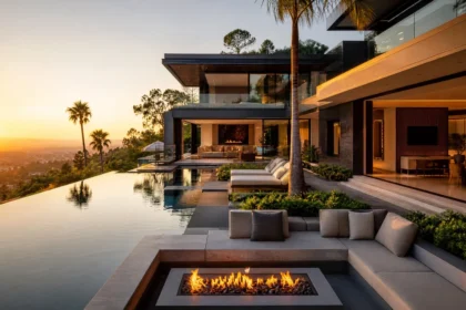 A multi-million dollar celebrity home renovation featuring a modern architectural design, infinity pool, and sunset view.