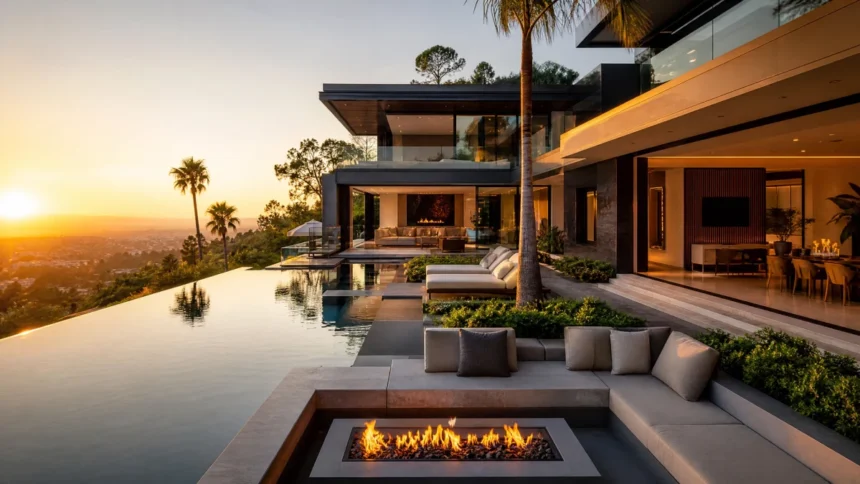 A multi-million dollar celebrity home renovation featuring a modern architectural design, infinity pool, and sunset view.