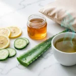 Natural glow up ingredients including lemon, cucumber, aloe vera, honey, and green tea on white marble