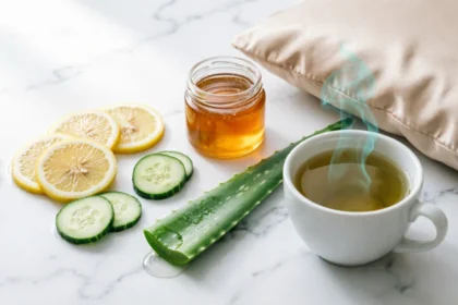 Natural glow up ingredients including lemon, cucumber, aloe vera, honey, and green tea on white marble