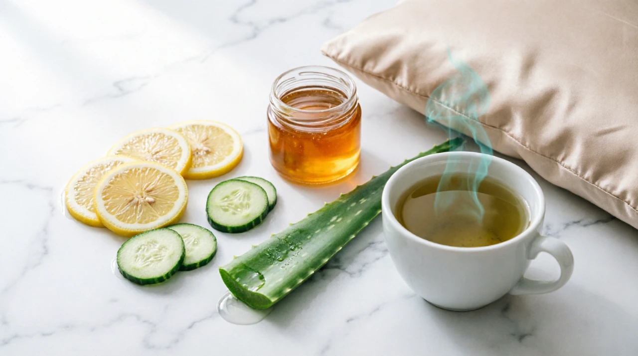 Natural glow up ingredients including lemon, cucumber, aloe vera, honey, and green tea on white marble