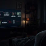 A dark living room with a Netflix screen showing true crime documentaries and a mysterious silhouette outside the window, evoking a scary atmosphere.