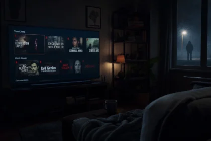 A dark living room with a Netflix screen showing true crime documentaries and a mysterious silhouette outside the window, evoking a scary atmosphere.