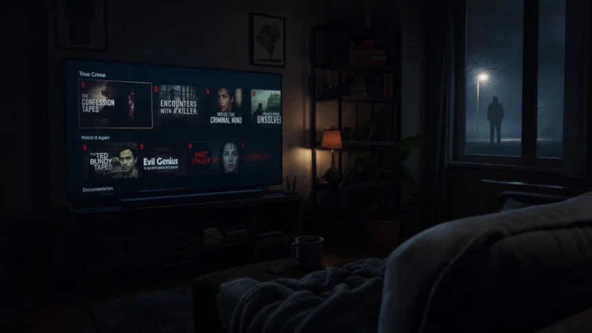A dark living room with a Netflix screen showing true crime documentaries and a mysterious silhouette outside the window, evoking a scary atmosphere.