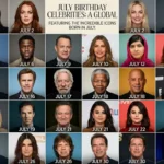 Collage of the top 30 celebrities born in July, including Tom Cruise, Princess Diana, Selena Gomez, and Nelson Mandela, around a glowing July calendar.