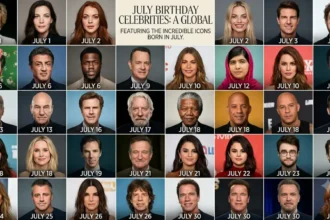 Collage of the top 30 celebrities born in July, including Tom Cruise, Princess Diana, Selena Gomez, and Nelson Mandela, around a glowing July calendar.