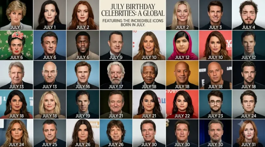 Collage of the top 30 celebrities born in July, including Tom Cruise, Princess Diana, Selena Gomez, and Nelson Mandela, around a glowing July calendar.
