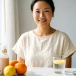 A woman with glowing healthy skin surrounded by anti-aging essentials including sunscreen, water, and fresh fruits