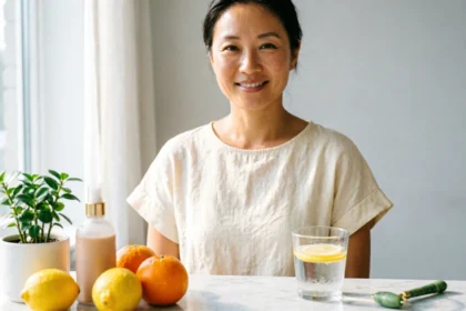 A woman with glowing healthy skin surrounded by anti-aging essentials including sunscreen, water, and fresh fruits
