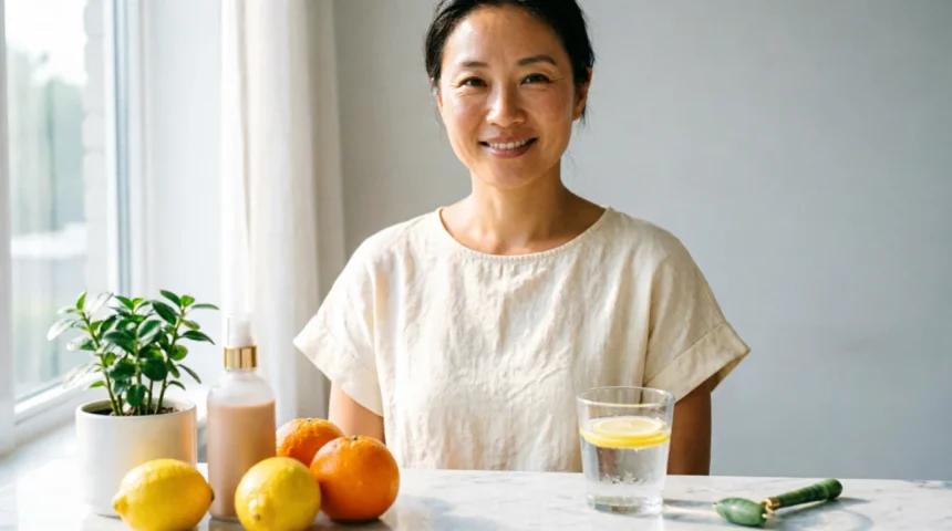 A woman with glowing healthy skin surrounded by anti-aging essentials including sunscreen, water, and fresh fruits